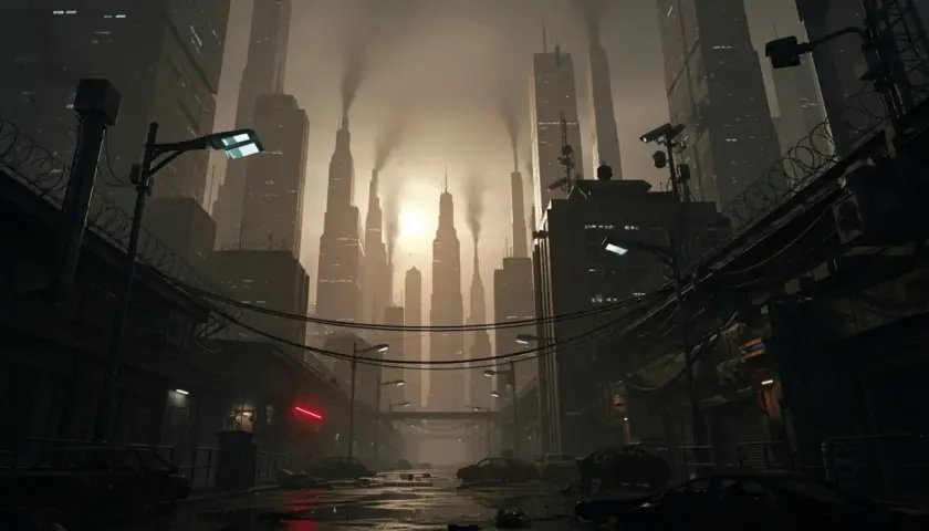 Mroczne, zanieczyszczone miasto przyszłości. Dymiące wieżowce, druty kolczaste i zniszczone samochody tworzą obraz dystopii.
