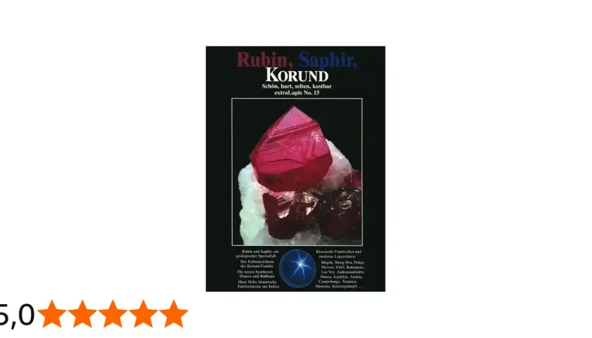 Ein leuchtend roter Korund Edelstein, der auf einem Haufen weißer Kristalle ruht. Der Titel "Rubin, Saphir, KORUND" ist prominent platziert.