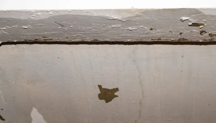 Regenwasser kommt durch die Wand, hinterlässt feuchte Spuren und lässt die Farbe abplatzen.