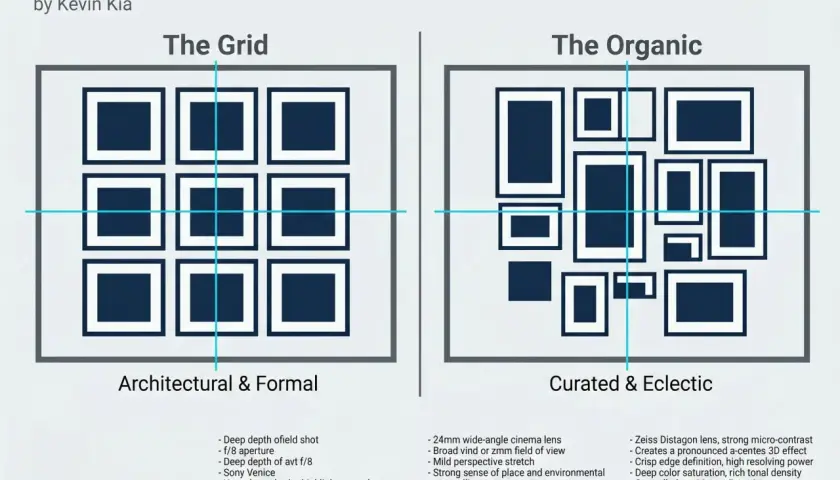 A graphic comparing "The Grid" gallery wall with uniformly spaced frames to "The Organic" gallery wall with varied frame sizes and placements.