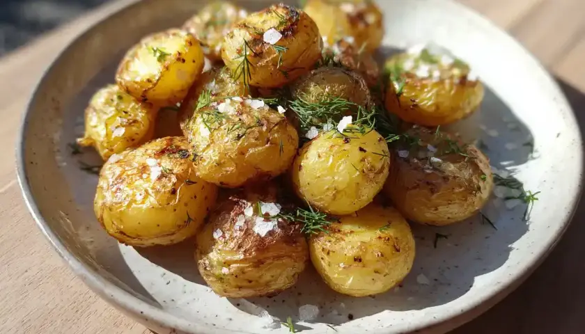 En tallrik med gyllene, råstekt potatis i airfryer, toppad med färsk dill och flingsalt. Perfekt som tillbehör!