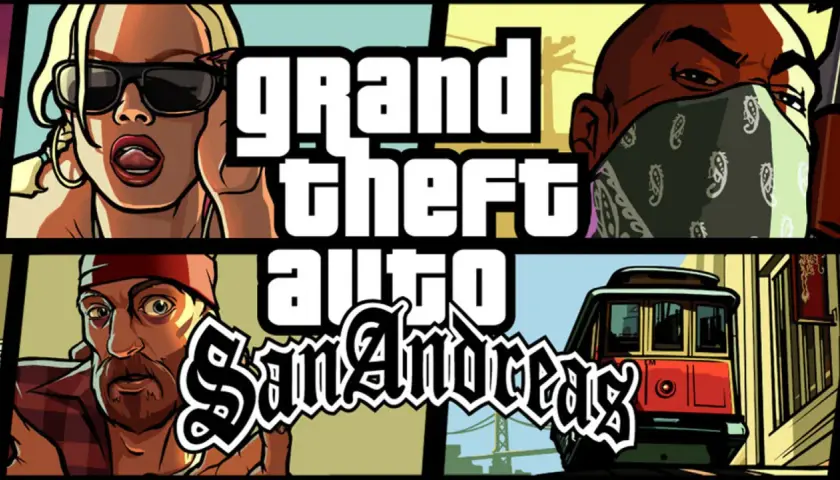 Okładka GTA San Andreas: kobieta w okularach, mężczyzna w bandanie, mężczyzna z brodą i tramwaj. Rozpocznij swoją gta sa journey!