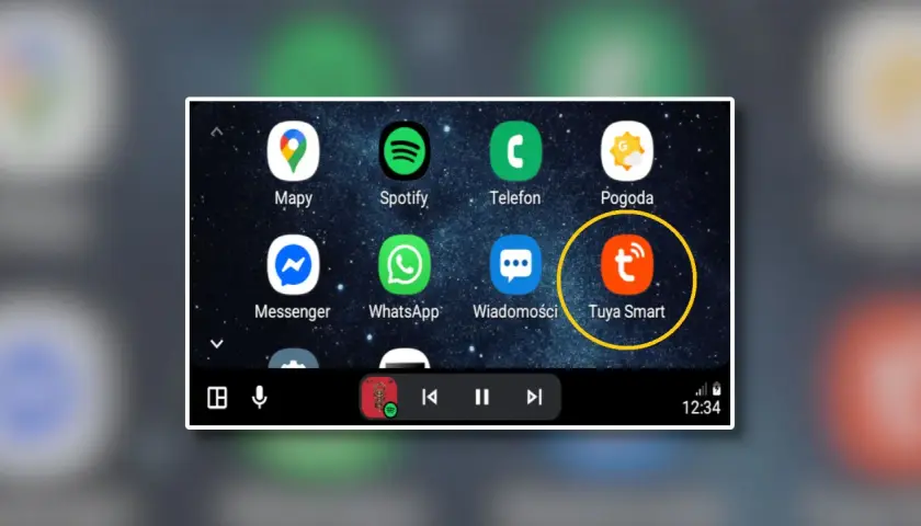 Ekran z aplikacjami, w tym Tuya Smart, Mapy, Spotify, Telefon, Pogoda, Messenger, WhatsApp i Wiadomości.