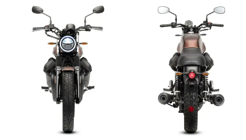 Dos vistas de modelos de moto Guzzi, una frontal y otra trasera, con detalles clásicos y modernos.