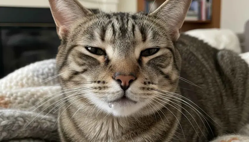 Gato atigrado con una gota de saliva colgando de su labio inferior. Parece que mi gato babea mucho.