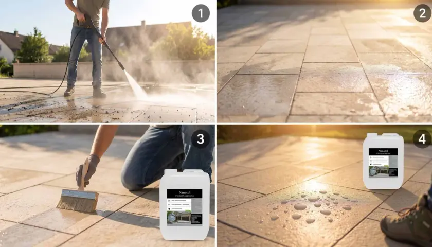 Schritt 1: Betonpflaster reinigen. Schritt 2: Nasse Fläche. Schritt 3: Mit Nanotol Steinversiegelung auftragen. Schritt 4: Wasser perlt ab.