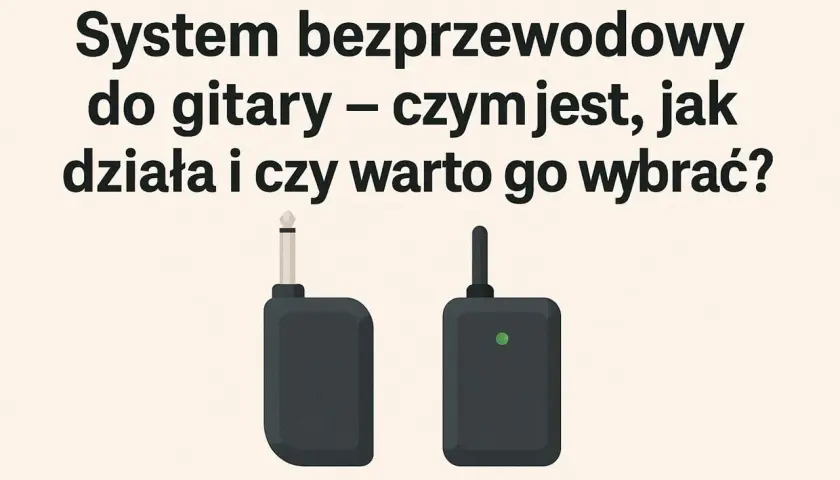 Dwa moduły systemu bezprzewodowego do gitary, jeden z wtykiem jack, drugi z antenką i zieloną diodą.