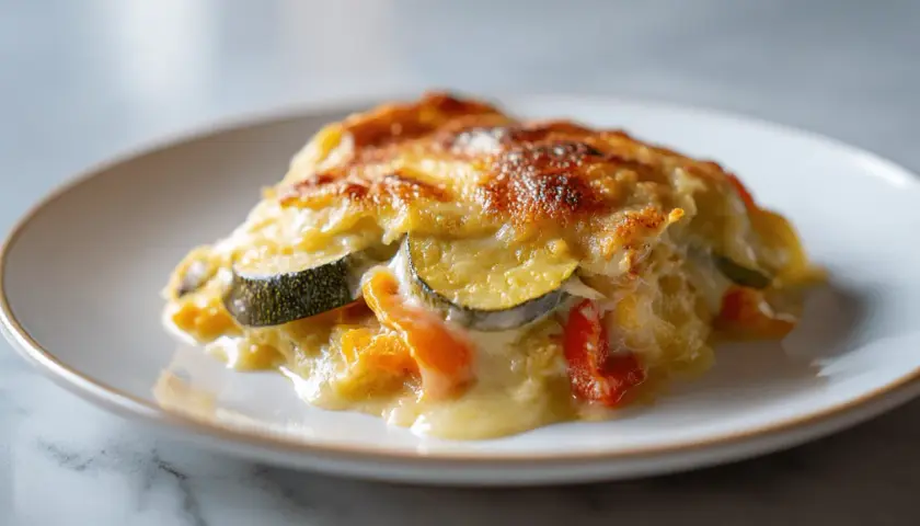 Un gratin de légumes doré et appétissant, avec des courgettes, poivrons et une sauce crémeuse, prêt à être dégusté.