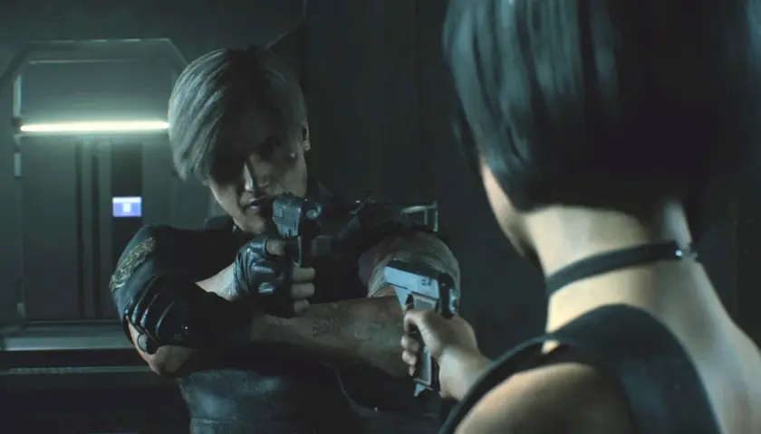 Leon i Ada celują do siebie z broni. Kluczowa scena z Resident Evil 2 poradnik.