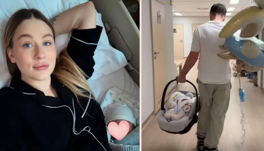 Andziaks z synkiem w szpitalu. Tata z maleństwem i balonami wychodzi ze szpitala.