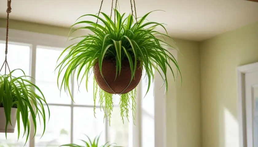 Grön ampellilja hänger i ett brunt kokosnötskal. Den ser ut som en busig katt som leker med sina egna blad.