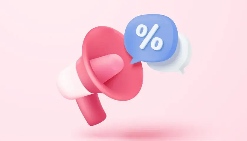 Megafon med pratbubblor som signalerar rabatt. Perfekt för att hitta nagel gel billigt!