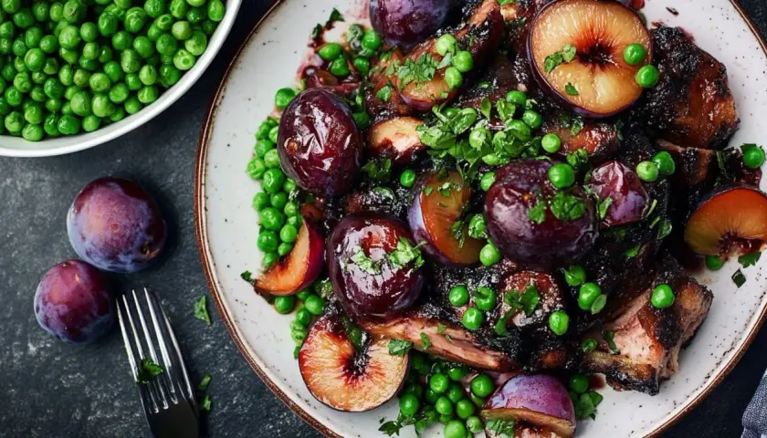 En härlig karre med plommon och gröna ärtor, perfekt för ett festligt karre recept.