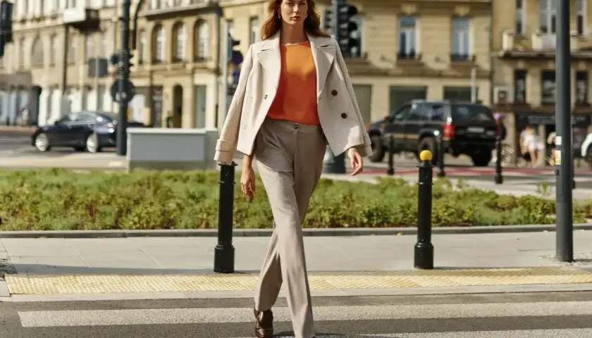 Elegancka kobieta w beżowym płaszczu i pomarańczowej bluzce przechodzi przez pasy. Stylowe stylizacje do beżowego płaszcza na co dzień.