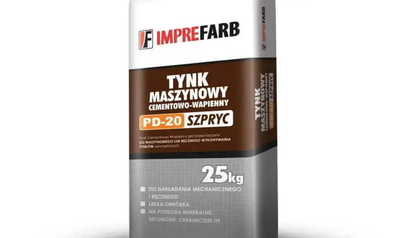 Worek z zaprawą tynkarską Imprefarb PD-20 Szpryc, cementowo-wapienny, 25kg, do nakładania mechanicznego i ręcznego.