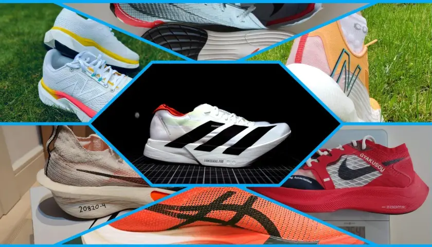 Kolaż prezentuje różne buty biegacza, od białych z żółtymi akcentami po czerwone Nike. Każda para to inna historia o szybkości i komforcie.