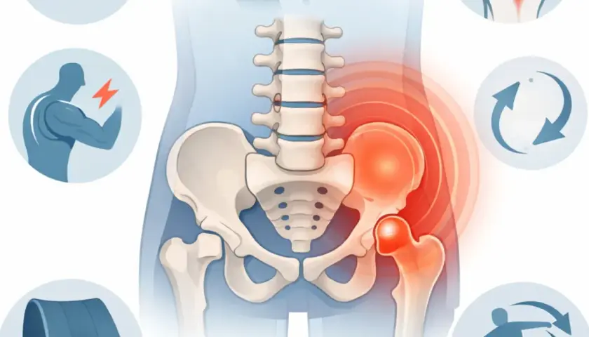 Douleur et inflammation dans la région des muscles paravertébraux lombaires et de la hanche, avec des icônes symbolisant la force, le mouvement et la rééducation.