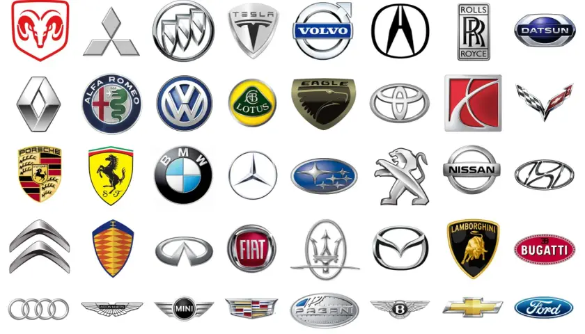 Collezione di loghi auto, alcuni noti, altri meno conosciuti, che rappresentano marchi automobilistici storici e moderni.