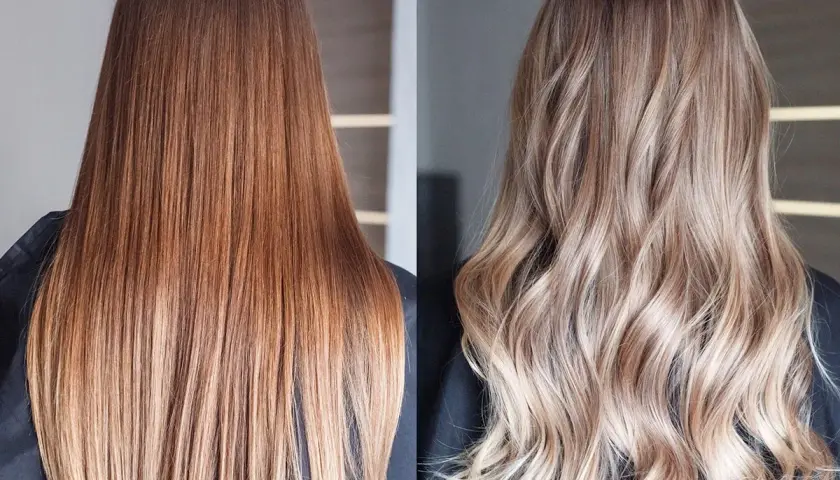 Przed i po: brązowe włosy zyskały subtelne, rozjaśnione końce w stylu ombre blond, dodając im lekkości i blasku.