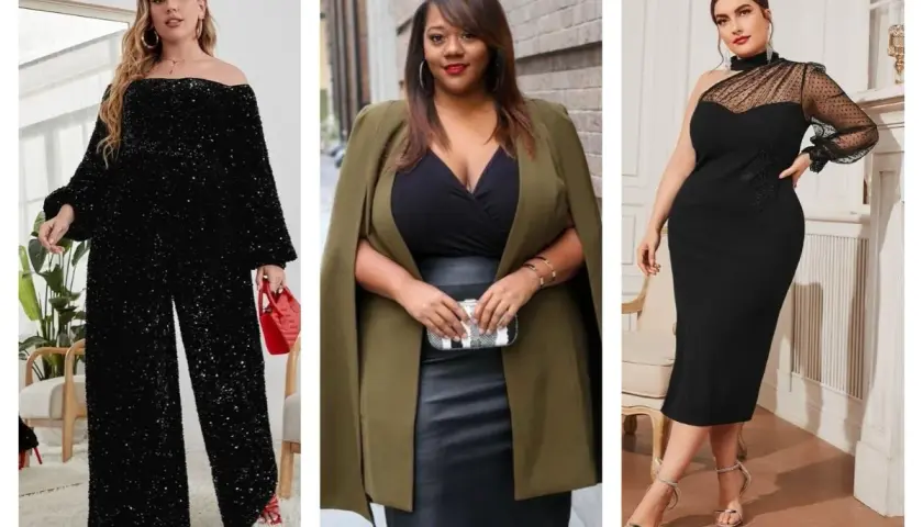 Idées de tenues pour comment s'habiller pour un premier rdv quand on est ronde : combinaison à paillettes, robe noire élégante, ou ensemble chic avec cape.