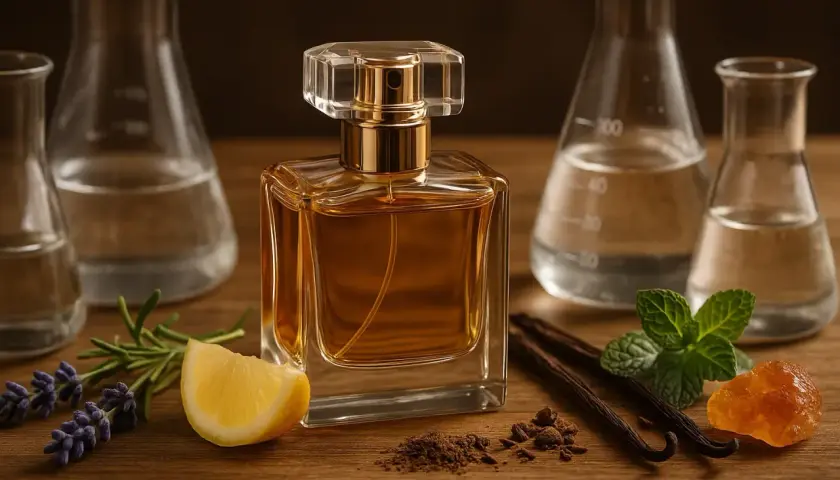 Elegancka butelka perfum otoczona naturalnymi składnikami: lawendą, cytryną, wanilią, miętą i bursztynem.