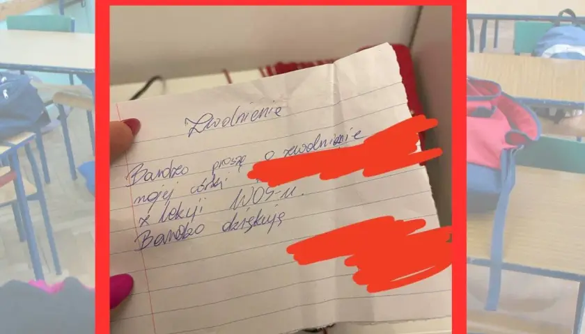Ręcznie napisana prośba o zwolnienie z lekcji na kartce w kratkę, w tle szkolna sala.