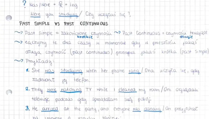 Porównanie past simple i past continuous: czynności zakończone vs. trwające, przerywane krótkimi. Przykład: "She was studying when her phone rang.