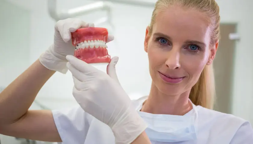 Dentystka w białej rękawiczce pokazuje model szczęki z aparatem ortodontycznym, zastanawiając się, ile zarabia dentysta.