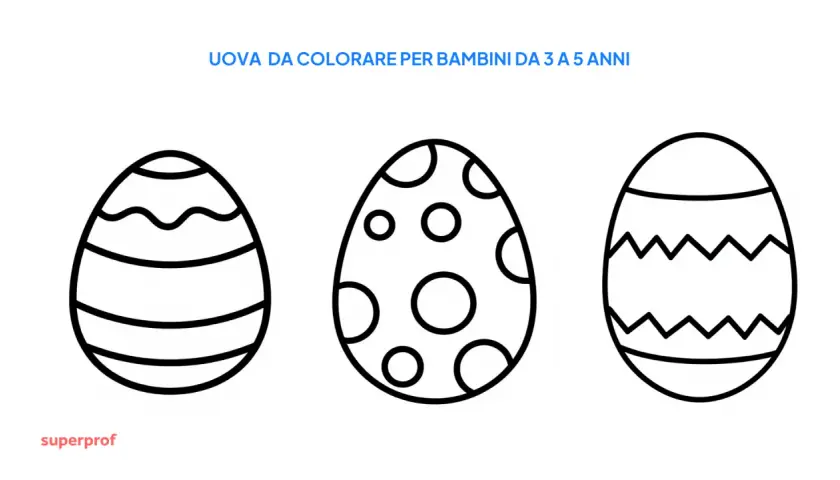 Tre disegni da colorare uova di pasqua con motivi a onde, pois e zig-zag, perfetti per i più piccoli.