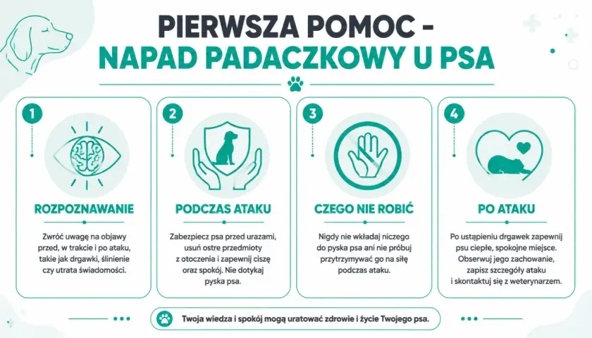 Pierwsza pomoc w przypadku ataku padaczki u psa: rozpoznawanie, postępowanie podczas i po ataku, czego nie robić.