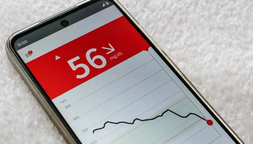 Niski poziom glukozy 56 mg/dL na ekranie telefonu, wskazujący na hipoglikemię reaktywną. Wykres pokazuje gwałtowny spadek.