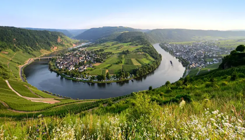 Ein malerischer Flusswindung mit Weinbergen, einem Dorf und einer Brücke. Ein perfektes Beispiel für interessante Reiseziele in Deutschland.