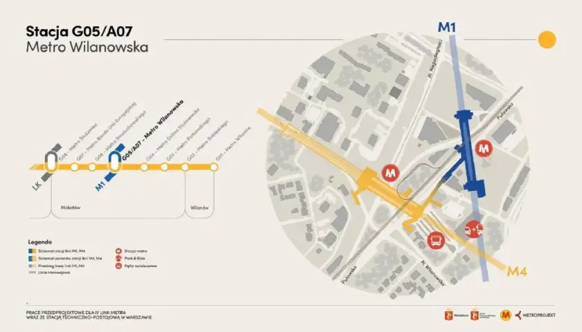Mapa przedstawia przebieg linii **metro M1** i M4, ze szczególnym uwzględnieniem stacji Metro Wilanowska.