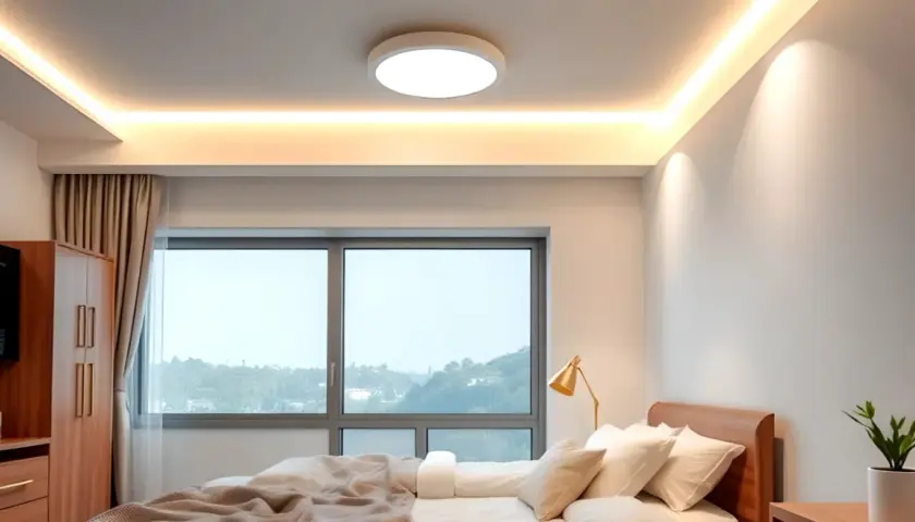 Una lámpara de techo lineal ilumina suavemente la habitación, creando un ambiente acogedor sobre la cama y el armario.
