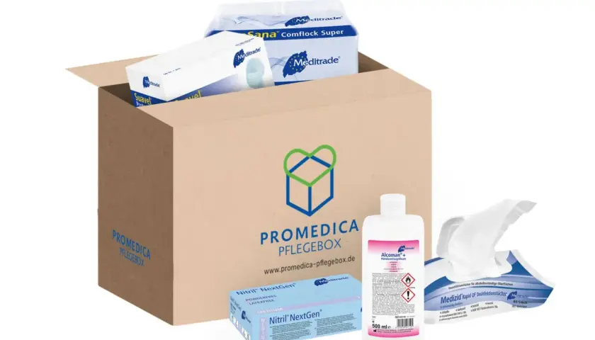 Promedica Pflegebox mit Desinfektionsmittel, Handschuhen und Tüchern. Eine praktische Liste an Pflegehilfsmittel zum Verbrauch.