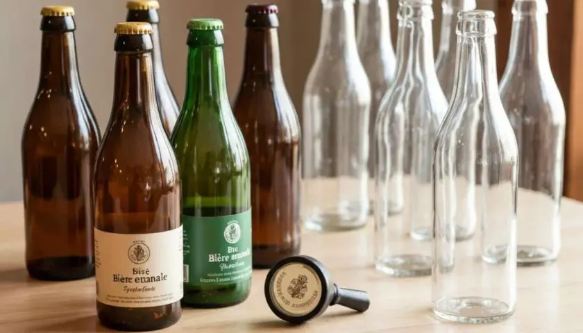 Bouteilles de bière non pasteurisée, certaines pleines, d'autres vides, sur une table en bois. Une liste de bières artisanales.