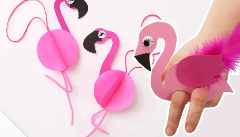 Basteln mit Papier: Süße Flamingos mit Federn und Schnur. Ein Flamingo wird als Ring getragen.