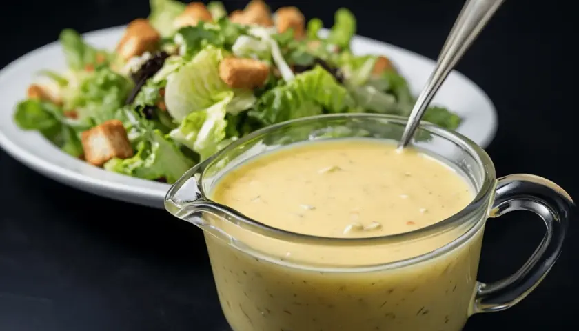 Cremosa salsa césar en una jarra de vidrio, lista para aderezar una ensalada fresca con lechuga y crutones.