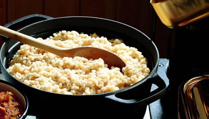 Un mestolo di legno affonda in una pentola piena di fumante orzo perlato, pronto per essere servito.