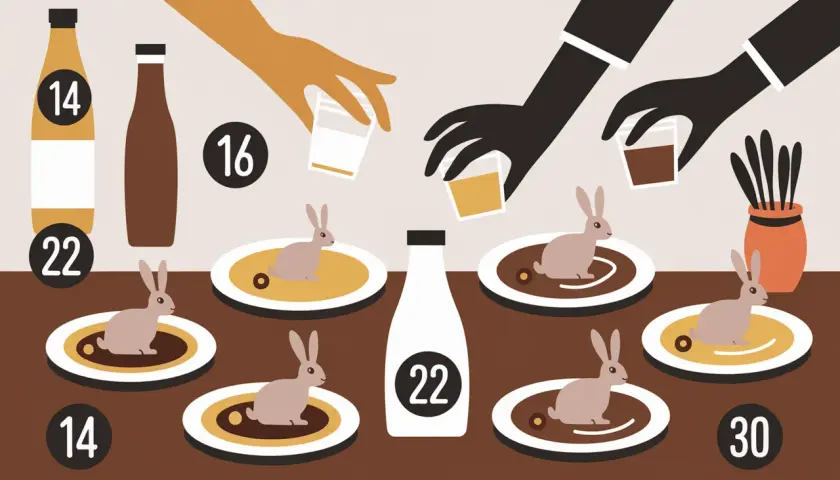 Des lapins sur des assiettes, des bouteilles et des mains versant des liquides. Quel vin avec du lapin ? Les chiffres suggèrent des choix.
