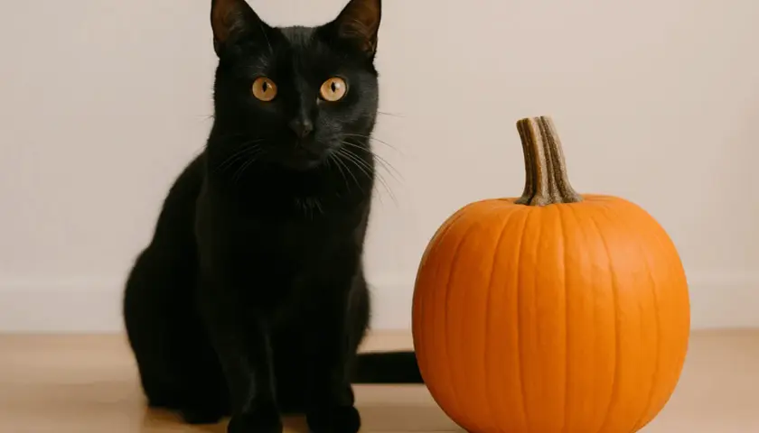 A black cat with bright orange eyes sits next to a pumpkin. Is pumpkin good for cats? This feline seems curious about the autumn gourd.