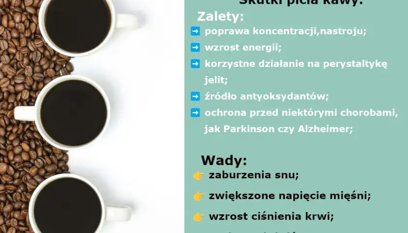 Kawa: zalety i wady. Nadmiar kofeiny objawy to m.in. zaburzenia snu, napięcie mięśni, wzrost ciśnienia.