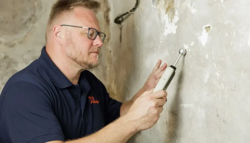 Mann mit Brille misst mit einem Gerät die Feuchtigkeit einer Kellerwand.