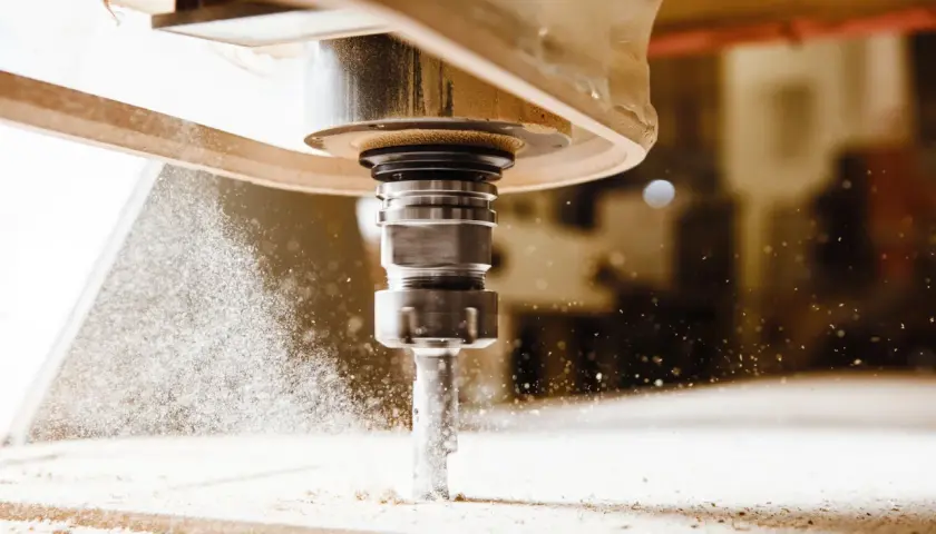 Precyzyjny frez CNC w akcji, tworzący drobny pył podczas obróbki drewna.