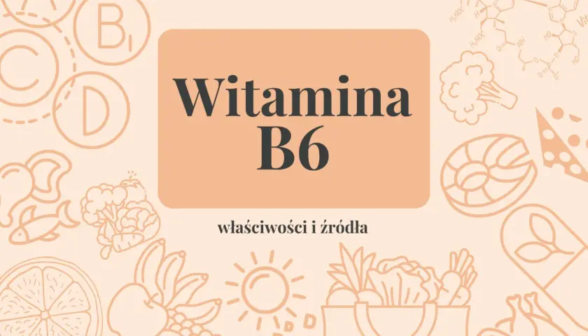 Grafika przedstawia witaminę B6, jej wzór chemiczny i źródła: ryby, owoce, warzywa, mięso i suplementy.