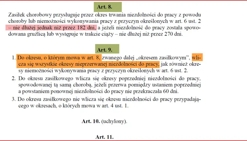 Zasiłek chorobowy trwa do 182 dni. Ponowne zwolnienie lekarskie po 182 dniach choroby jest możliwe, jeśli przerwa między zwolnieniami nie przekracza 60 dni.