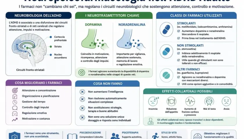 Grafico sull'ADHD adulto: neurobiologia, neurotrasmettitori, farmaci e terapie. Utile per chi ha un **adhd qi alto** e cerca soluzioni.