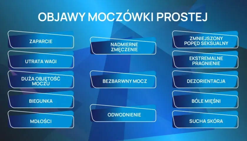Objawy moczówki prostej u psa: zaparcie, utrata wagi, duża objętość moczu, biegunka, mdłości, nadmierne zmęczenie, bezbarwny mocz, odwodnienie, zmniejszony popęd seksualny, ekstremalne pragnienie, dezorientacja, bóle mięśni, sucha skóra.