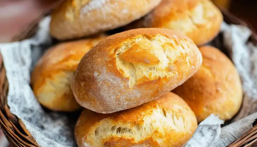 Cesto pieno di panini fatti in casa, dorati e fragranti, pronti per essere gustati.
