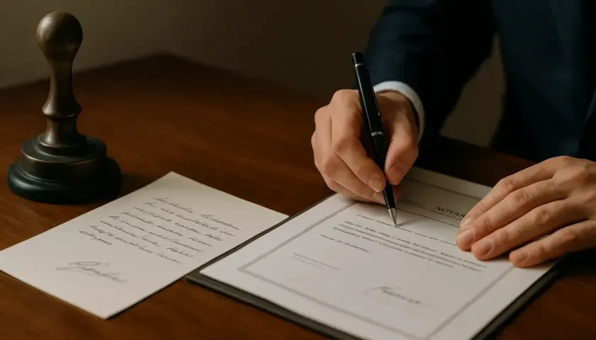Dłoń pisze piórem na dokumencie. Obok pieczęć. To miejsce, gdzie spisać testament.